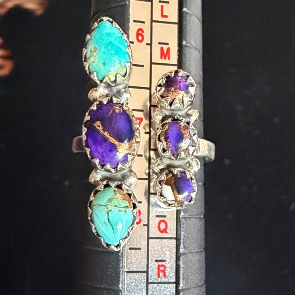 Purple dahlia and Turquoise in sterling silver band - Picture 2 of 4